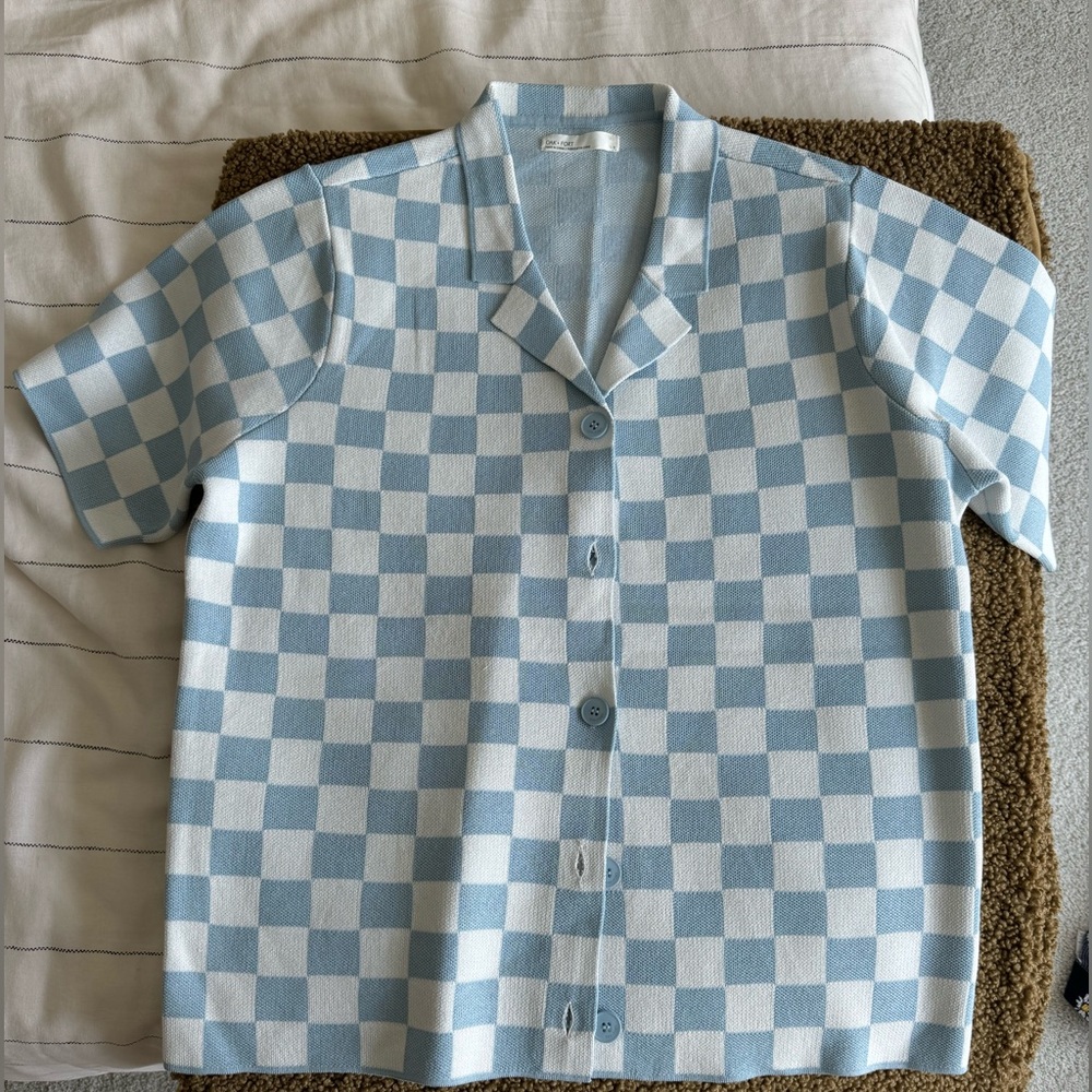 Women's Short Sleeve Knit Cardigan - Light Blue & White Checker